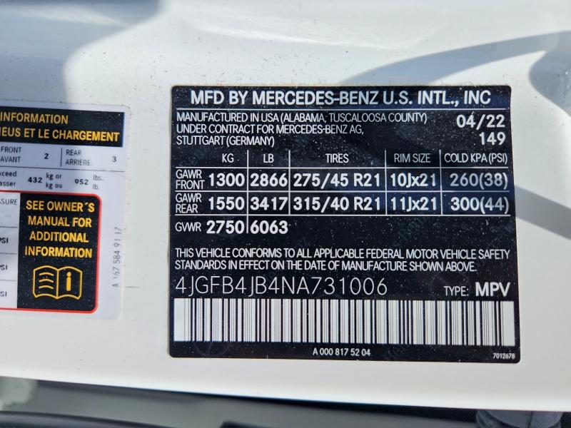 56415446 :رقم المزاد ، 4JGFB4JB4NA731006 vin ، 2022 Mercedes-benz Gle مزاد بيع