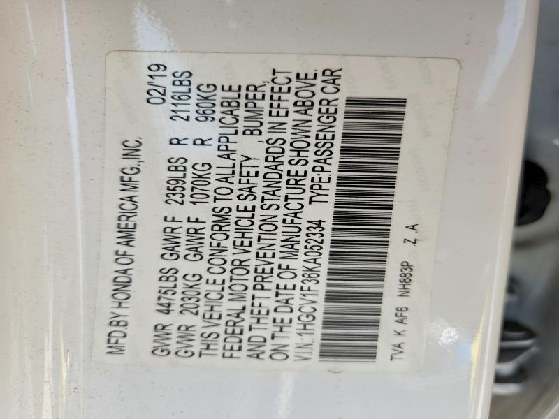 2019 Honda Accord მანქანა იყიდება აუქციონზე, vin: 1HGCV1F36KA052334, აუქციონის ნომერი: 58834596
