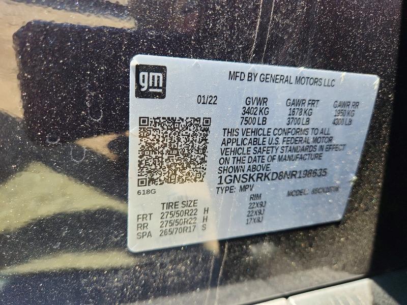 Aukcja sprzedaży 2022 Chevrolet Tahoe, vin: 1GNSKRKD8NR198635, numer aukcji: 58884956