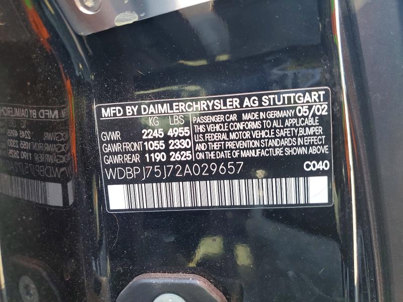 58939256 :رقم المزاد ، WDBPJ75J72A029657 vin ، 2002 Mercedes-benz Cl مزاد بيع