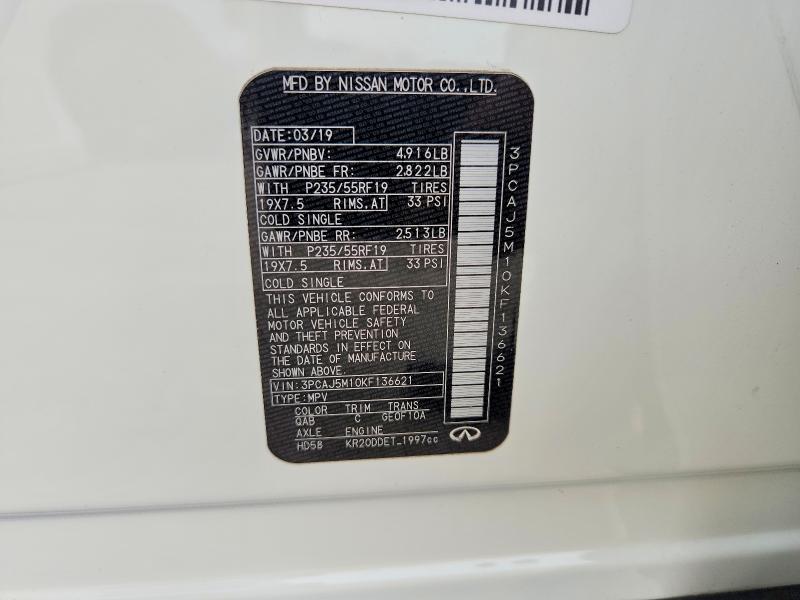 56865576 :رقم المزاد ، 3PCAJ5M10KF136621 vin ، 2019 Infiniti Qx50 مزاد بيع
