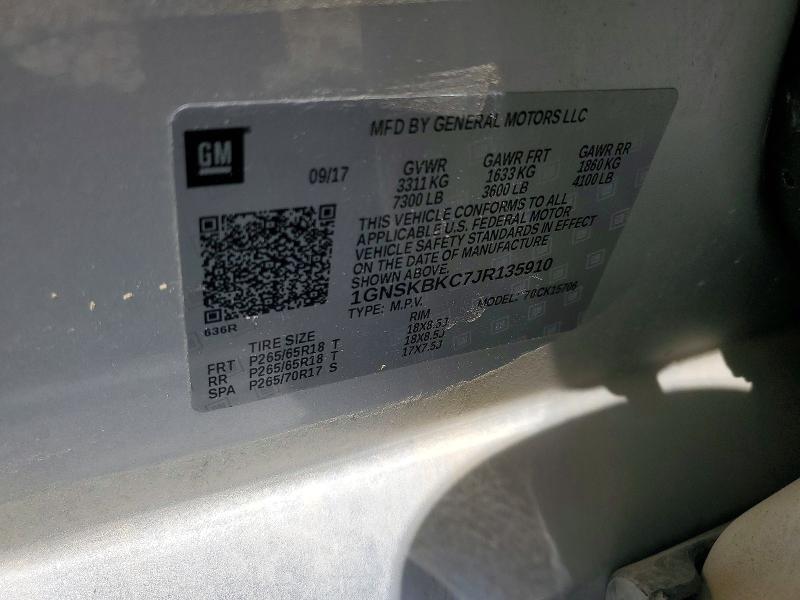 56979716 :رقم المزاد ، 1GNSKBKC7JR135910 vin ، 2018 Chevrolet Tahoe مزاد بيع