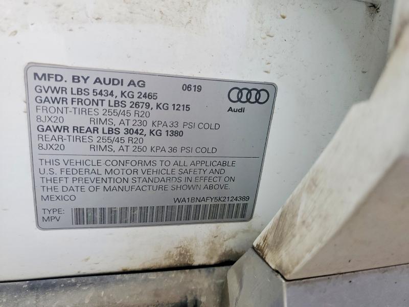 56673756 :رقم المزاد ، WA1BNAFY5K2124389 vin ، 2019 Audi Q5 مزاد بيع