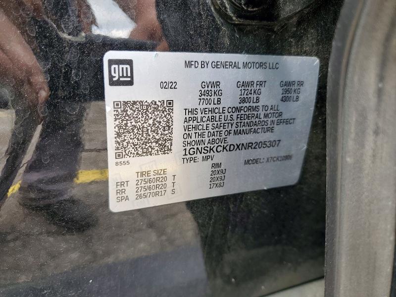 2022 Chevrolet Suburban მანქანა იყიდება აუქციონზე, vin: 1GNSKCKDXNR205307, აუქციონის ნომერი: 58646456