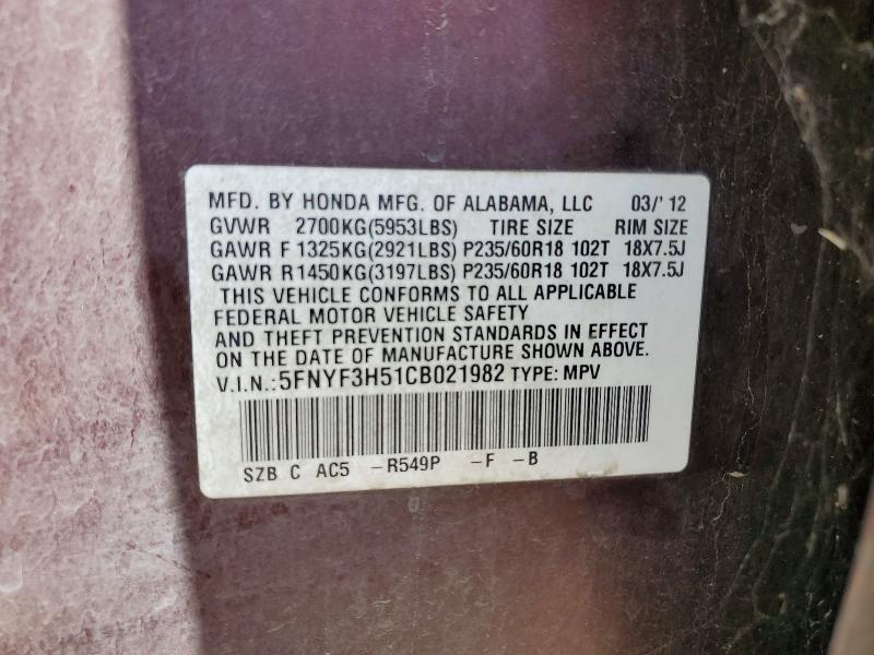 Продажа на аукционе авто 2012 Honda Pilot, vin: 5FNYF3H51CB021982, номер лота: 58406496