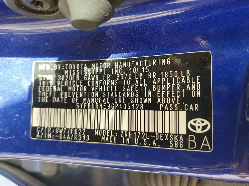 57315956 :رقم المزاد ، 5YFBURHE9GP405128 vin ، 2016 Toyota Corolla مزاد بيع