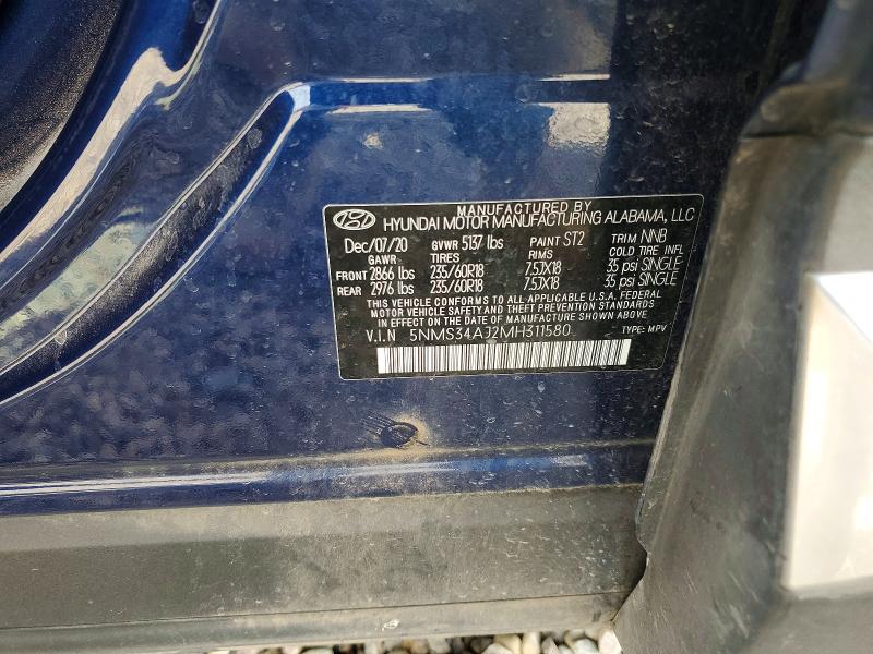 2021 Hyundai Santa Fe მანქანა იყიდება აუქციონზე, vin: 5NMS34AJ2MH311580, აუქციონის ნომერი: 55803726