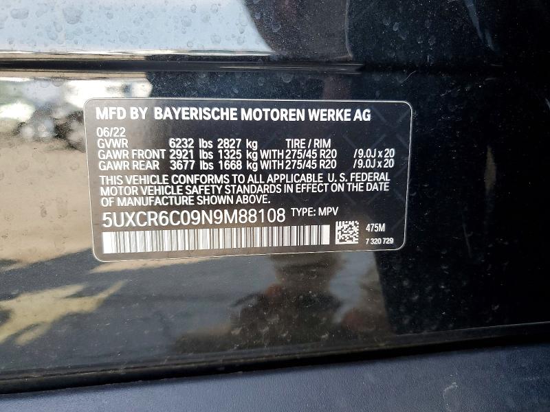 58882186 :رقم المزاد ، 5UXCR6C09N9M88108 vin ، 2022 Bmw X5 مزاد بيع