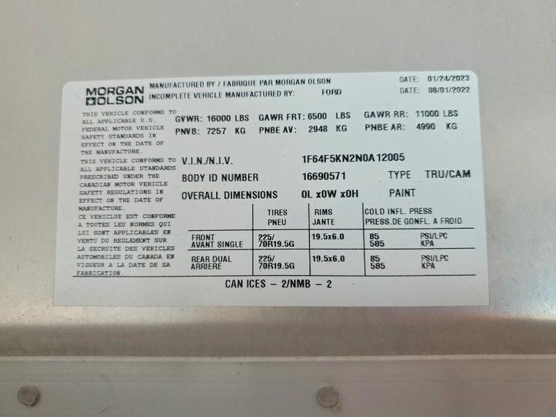 2022 Ford F59 მანქანა იყიდება აუქციონზე, vin: 1F64F5KN2N0A12005, აუქციონის ნომერი: 58274526