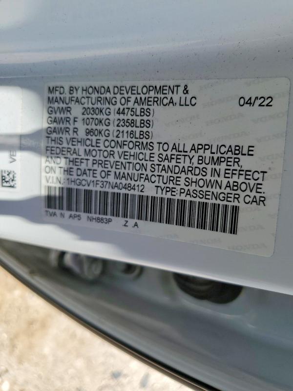 Продажа на аукционе авто 2022 Honda Accord, vin: 1HGCV1F37NA048412, номер лота: 56495406