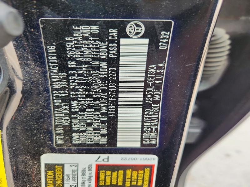 2017 Toyota Camry მანქანა იყიდება აუქციონზე, vin: 4T1BF1FK7HU312273, აუქციონის ნომერი: 58252296