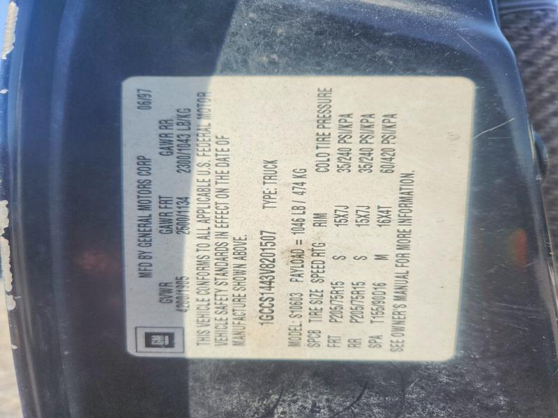 1997 Chevrolet S Truck მანქანა იყიდება აუქციონზე, vin: 1GCCS1443V8201507, აუქციონის ნომერი: 58913946