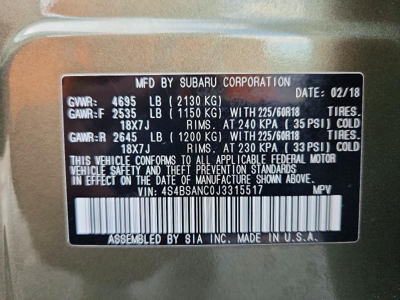 55806096 :رقم المزاد ، 4S4BSANC0J3315517 vin ، 2018 Subaru Outback مزاد بيع