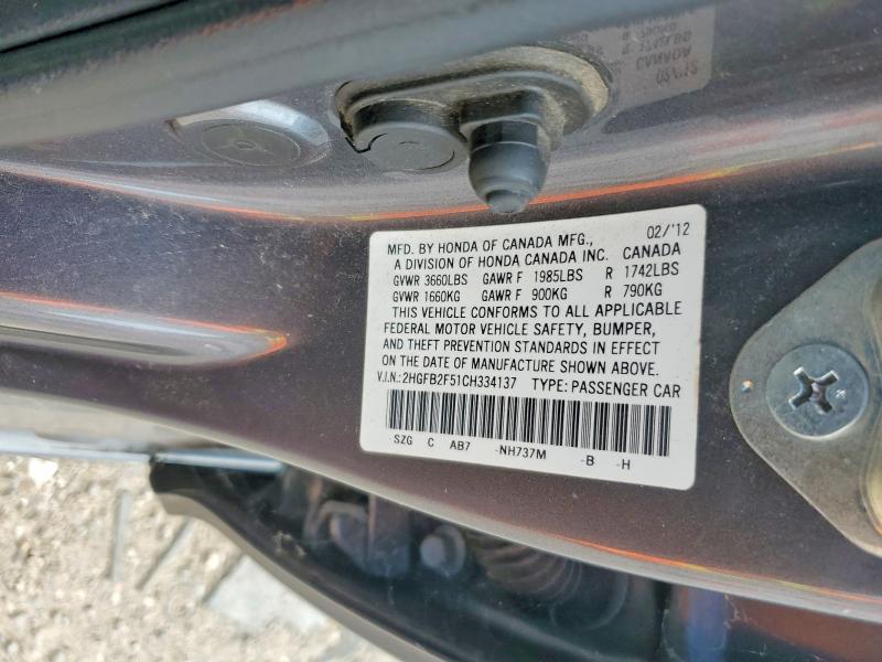 Продаж на аукціоні авто 2012 Honda Civic, vin: 2HGFB2F51CH334137, номер лоту: 53182656
