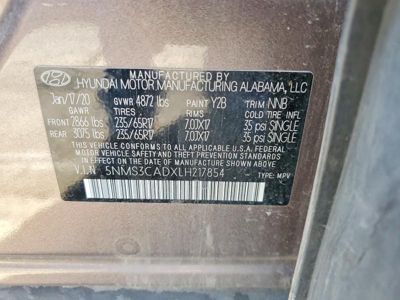 2020 Hyundai Santa Fe მანქანა იყიდება აუქციონზე, vin: 5NMS3CADXLH217854, აუქციონის ნომერი: 57619386