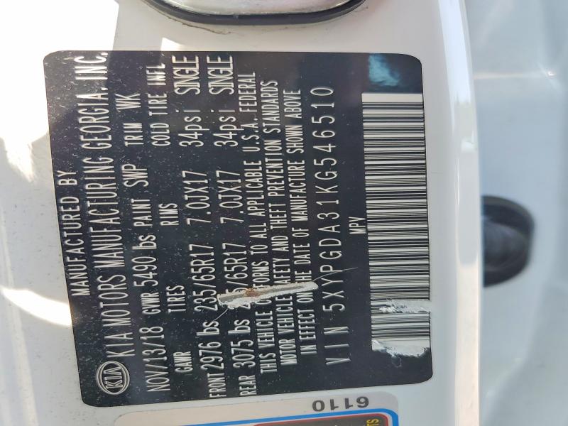 58892996 :رقم المزاد ، 5XYPGDA31KG546510 vin ، 2019 Kia Sorento مزاد بيع