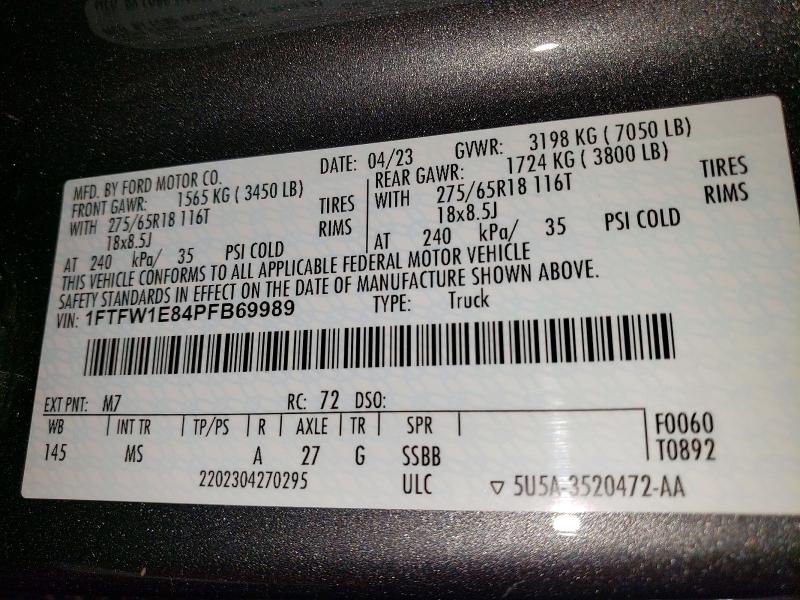 Auction sale of the 2023 Ford F150, vin: 1FTFW1E84PFB69989, lot number: 55495646