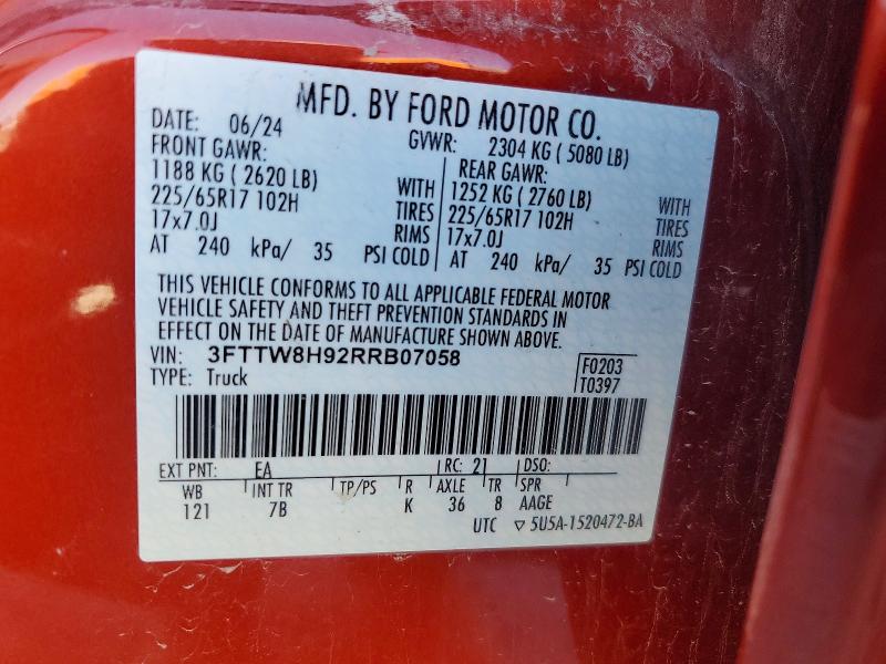 57812856 :رقم المزاد ، 3FTTW8H92RRB07058 vin ، 2024 Ford Maverick مزاد بيع