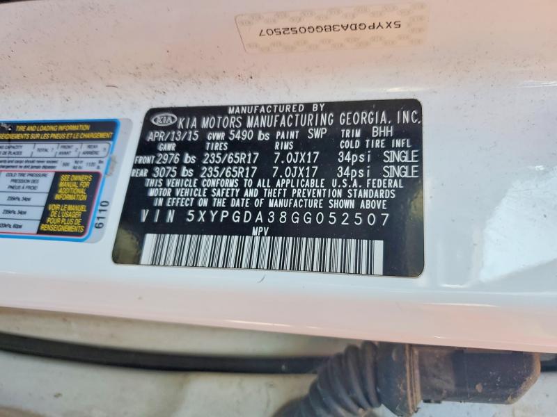58765186 :رقم المزاد ، 5XYPGDA38GG052507 vin ، 2016 Kia Sorento مزاد بيع