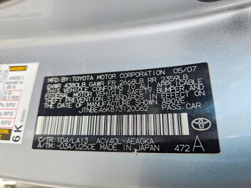 Aukcja sprzedaży 2007 Toyota Camry, vin: JTNBE46K873120062, numer aukcji: 55401886