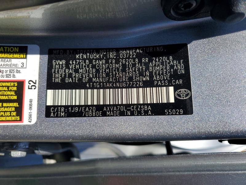 2022 Toyota Camry მანქანა იყიდება აუქციონზე, vin: 4T1G11AK4NU677226, აუქციონის ნომერი: 56365326