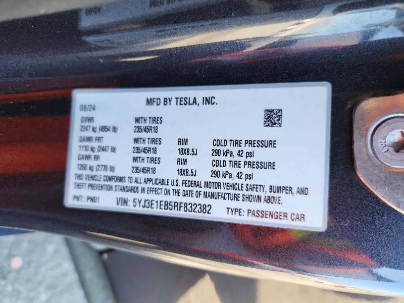 Aukcja sprzedaży 2024 Tesla Model 3, vin: 5YJ3E1EB5RF832382, numer aukcji: 57021886