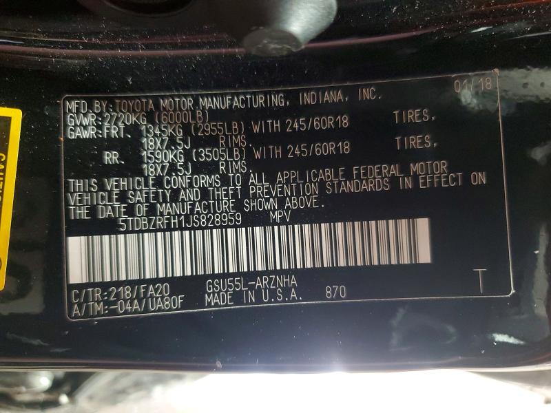 56275736 :رقم المزاد ، 5TDBZRFH1JS828959 vin ، 2018 Toyota Highlander مزاد بيع