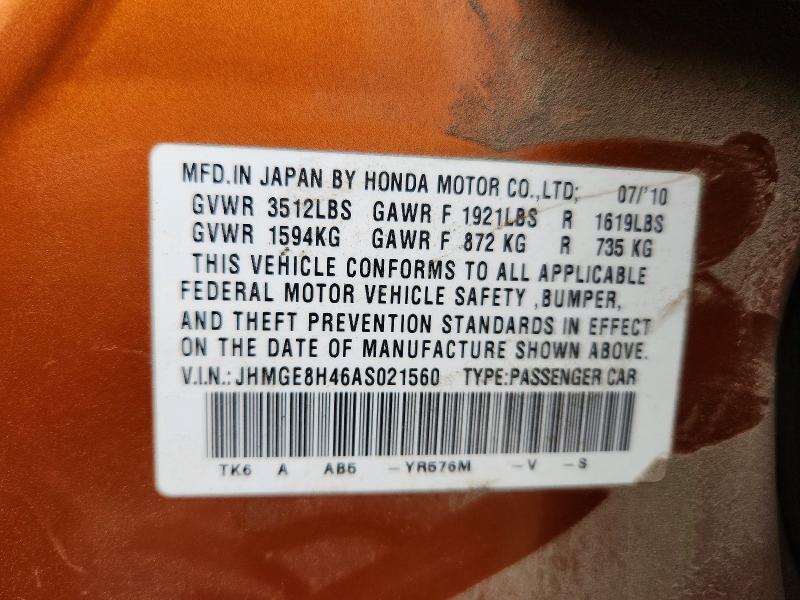 Aukcja sprzedaży 2010 Honda Fit, vin: JHMGE8H46AS021560, numer aukcji: 58256616