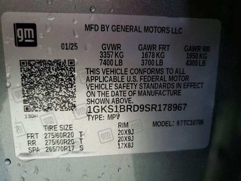 2025 Gmc Yukon მანქანა იყიდება აუქციონზე, vin: 1GKS1BRD9SR178967, აუქციონის ნომერი: 57704746