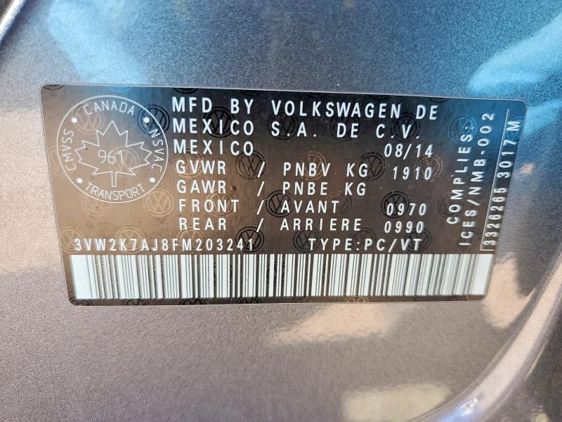 55158796 :رقم المزاد ، 3VW2K7AJ8FM203241 vin ، 2015 Volkswagen Jetta مزاد بيع