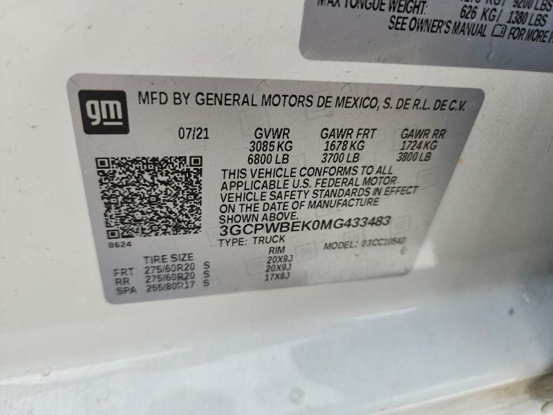 Aukcja sprzedaży 2021 Chevrolet Silverado, vin: 3GCPWBEK0MG433483, numer aukcji: 55802406