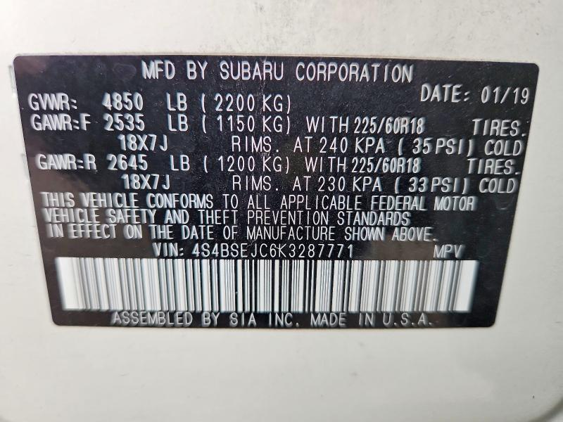 Aukcja sprzedaży 2019 Subaru Outback, vin: 4S4BSEJC6K3287771, numer aukcji: 55587306