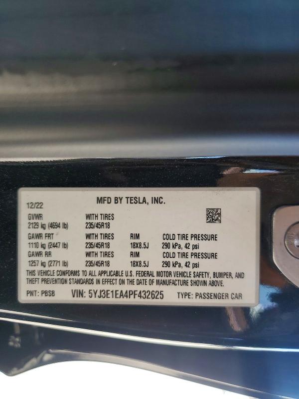 Продажа на аукционе авто 2023 Tesla Model 3, vin: 5YJ3E1EA4PF432625, номер лота: 55932466