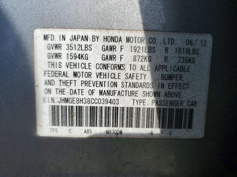 Продаж на аукціоні авто 2012 Honda Fit, vin: JHMGE8H38CC039403, номер лоту: 56168406