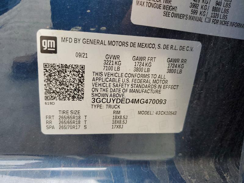 58325236 :رقم المزاد ، 3GCUYDED4MG470093 vin ، 2021 Chevrolet Silverado مزاد بيع