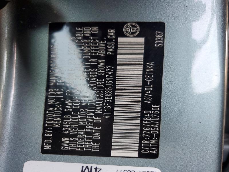 2011 Toyota Camry მანქანა იყიდება აუქციონზე, vin: 4T1BF3EK8BU617477, აუქციონის ნომერი: 57082126