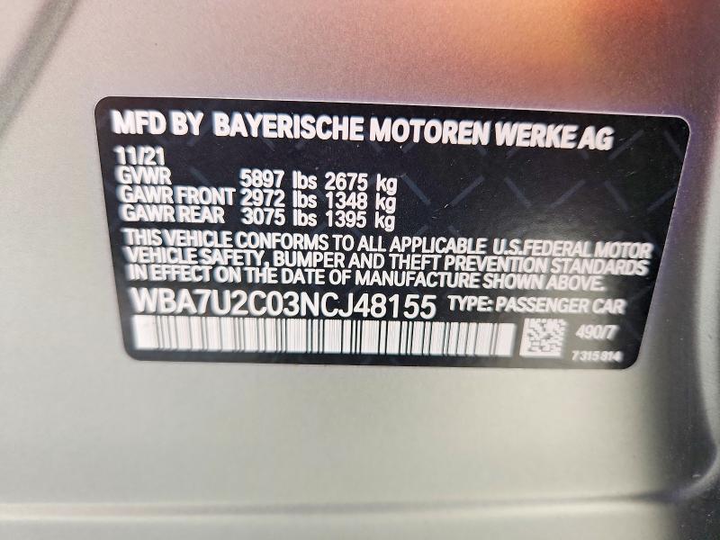 Продажа на аукционе авто 2022 Bmw 750, vin: WBA7U2C03NCJ48155, номер лота: 59239676