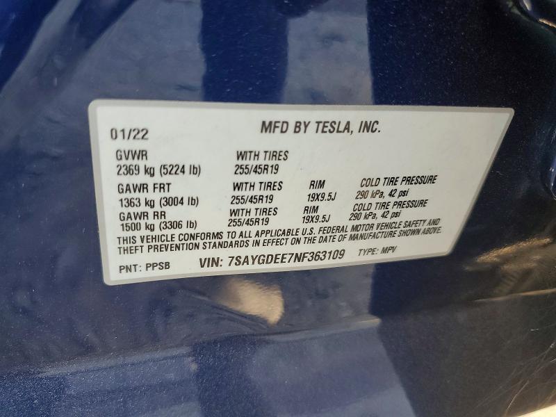 Продажа на аукционе авто 2022 Tesla Model Y, vin: 7SAYGDEE7NF363109, номер лота: 58222276