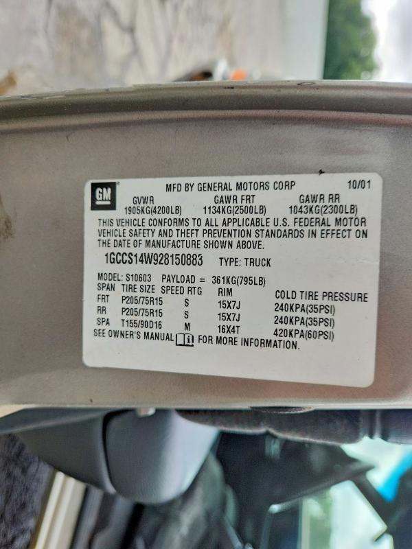 2002 Chevrolet S Truck მანქანა იყიდება აუქციონზე, vin: 1GCCS14W928150883, აუქციონის ნომერი: 56091966