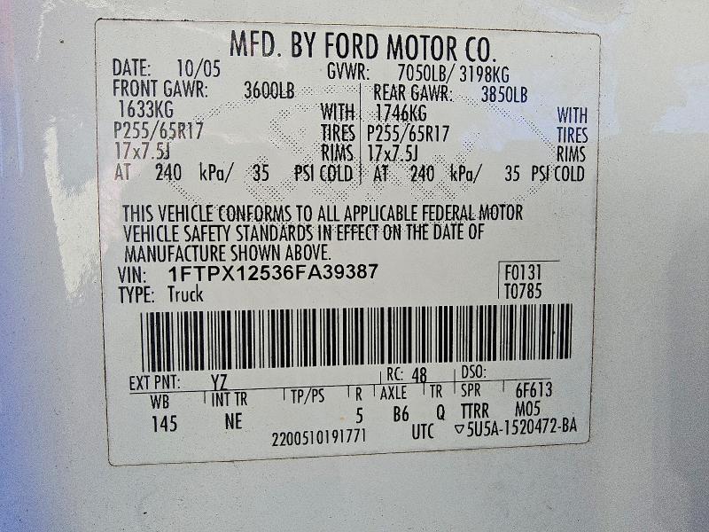 58062346 :رقم المزاد ، 1FTPX12536FA39387 vin ، 2006 Ford F150 مزاد بيع