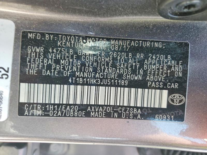 54949306 :رقم المزاد ، 4T1B11HK3JU511189 vin ، 2018 Toyota Camry مزاد بيع