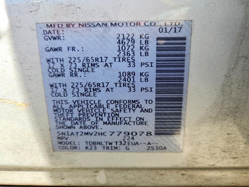 2017 Nissan Rogue მანქანა იყიდება აუქციონზე, vin: 5N1AT2MV2HC779078, აუქციონის ნომერი: 55734796