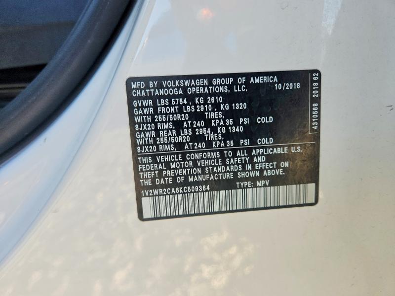 Aukcja sprzedaży 2019 Volkswagen Atlas, vin: 1V2WR2CA6KC509364, numer aukcji: 58705446