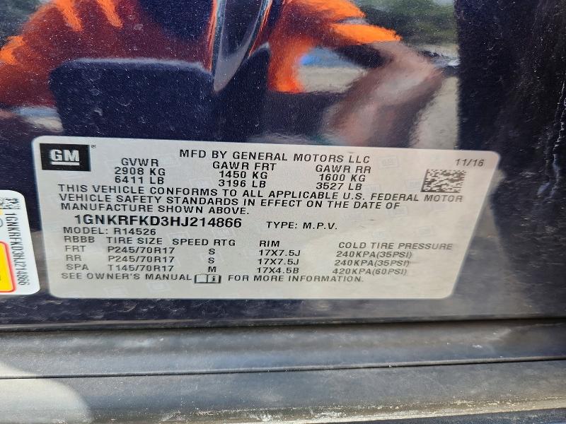 Aukcja sprzedaży 2017 Chevrolet Traverse, vin: 1GNKRFKD3HJ214866, numer aukcji: 57805376