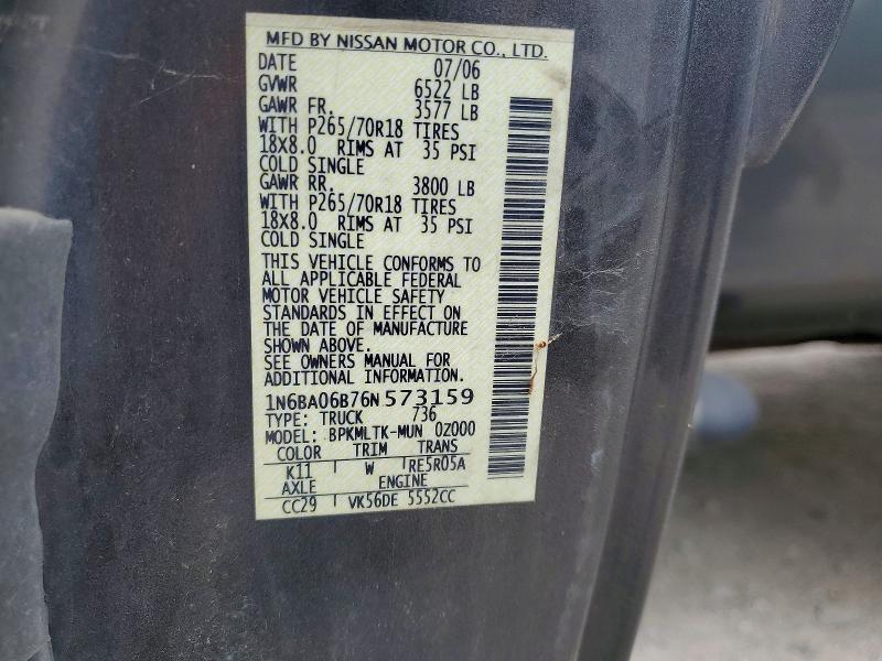 56864236 :رقم المزاد ، 1N6BA06B76N573159 vin ، 2006 Nissan Titan مزاد بيع