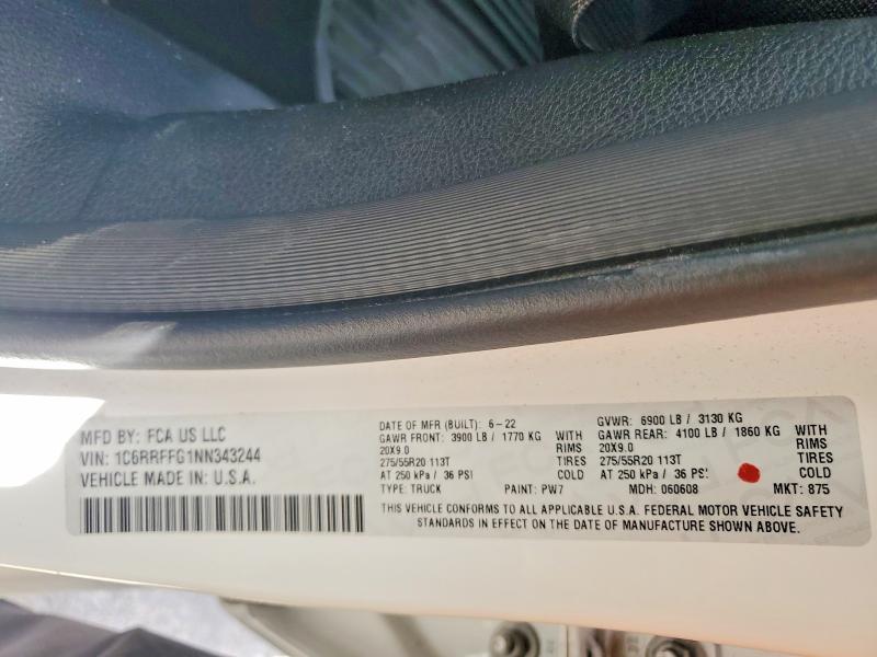 2022 Ram 1500 მანქანა იყიდება აუქციონზე, vin: 1C6RRFFG1NN343244, აუქციონის ნომერი: 57057646