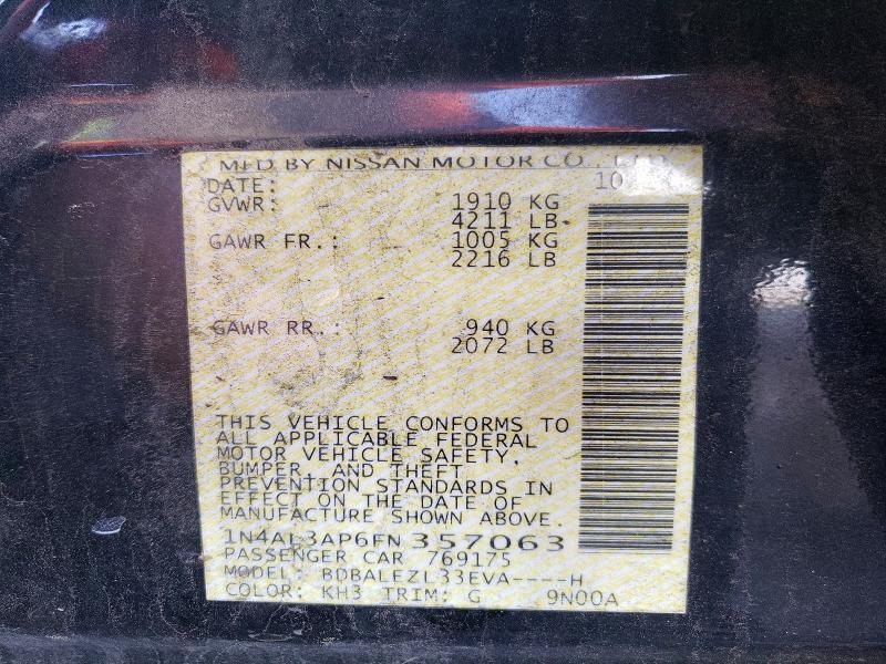2015 Nissan Altima მანქანა იყიდება აუქციონზე, vin: 1N4AL3AP6FN357063, აუქციონის ნომერი: 56644606