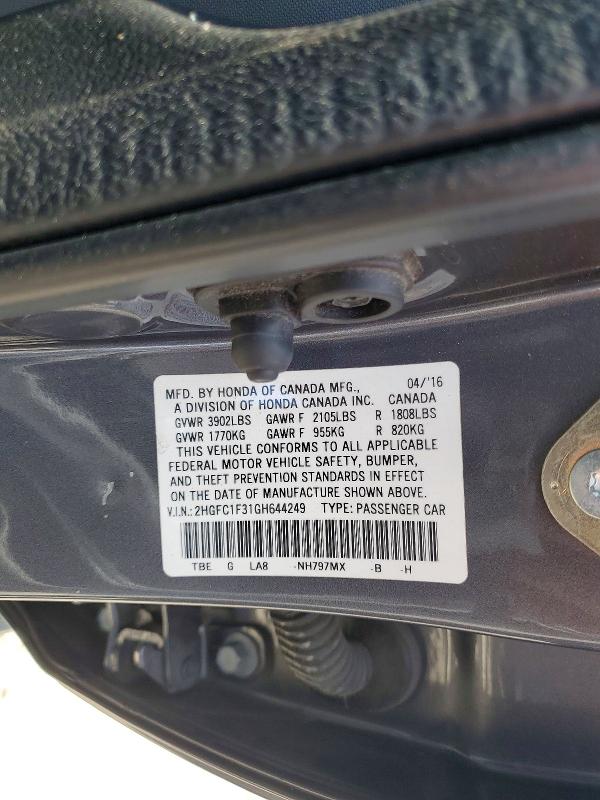 Продажа на аукционе авто 2016 Honda Civic, vin: 2HGFC1F31GH644249, номер лота: 57902856
