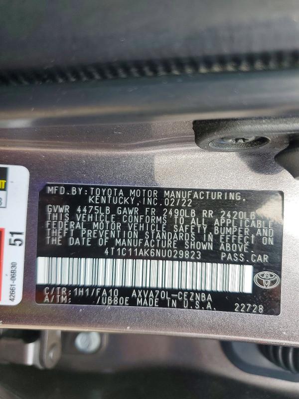 Aukcja sprzedaży 2022 Toyota Camry, vin: 4T1C11AK6NU029823, numer aukcji: 57167506