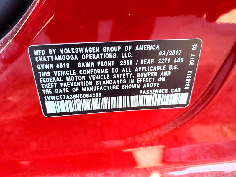 2017 Volkswagen Passat მანქანა იყიდება აუქციონზე, vin: 1VWCT7A36HC064265, აუქციონის ნომერი: 58992786